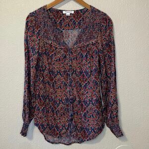 Beach Lunch Lounge Boho Red & Blue Boho Print Long Sleeve Cottage Core Blouse XS
